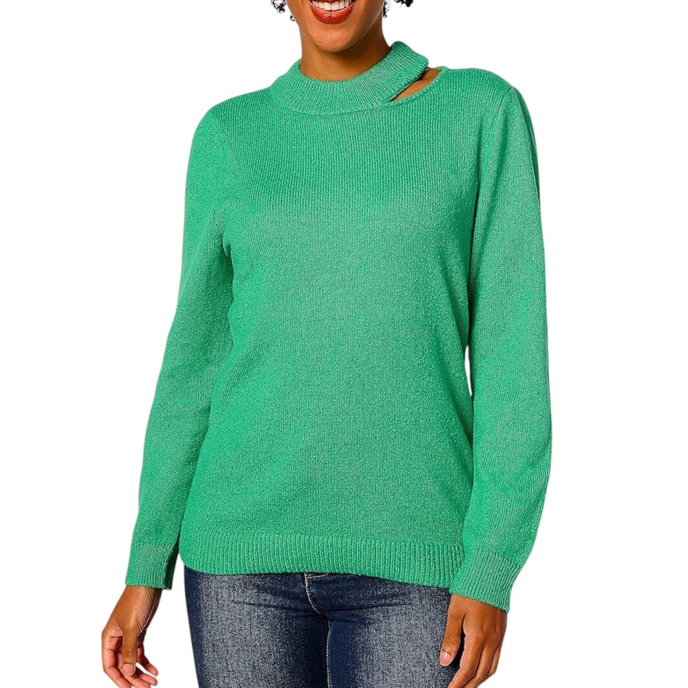 New Susan Graver Cut Out Mock Neck Soft Knit Sweater Emerald Green Size Medium
